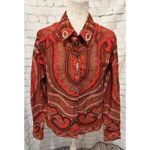 Isaac Mizrahi Button Front Shirt Red Floral Long Sleeve Collared Cotton Top XL
